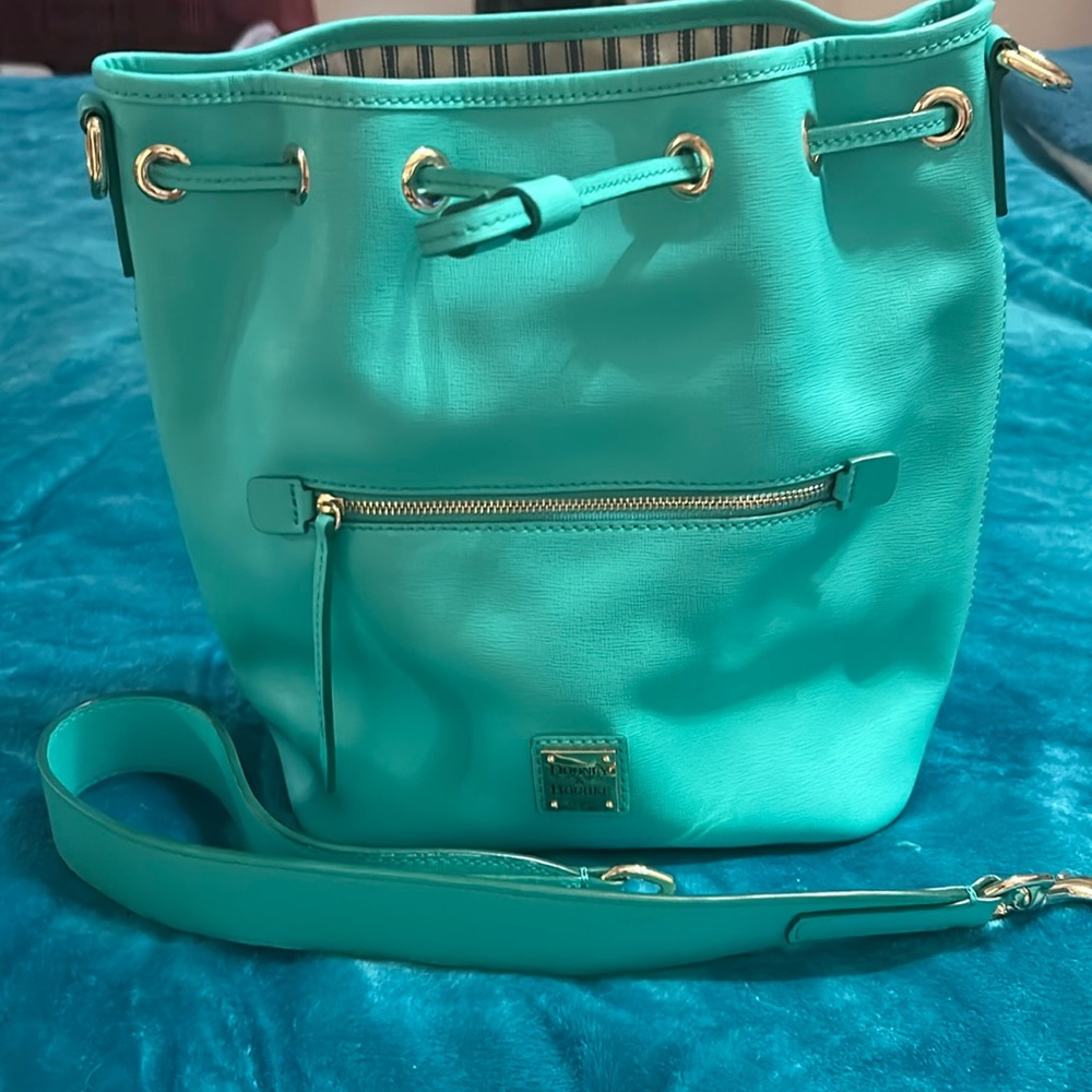 Dooney & Bourke Turquoise Leather Drawstring Shoulder Bag with Gold Hardware